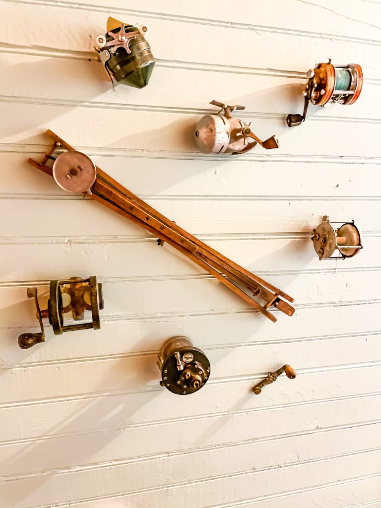 Antique fishing reels mounted as wall art